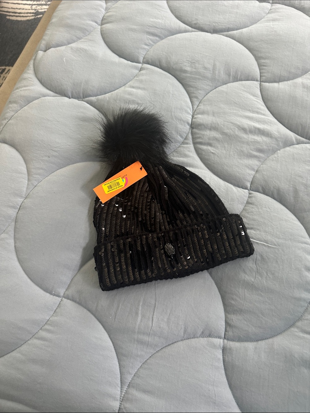 Kurt Geiger Black Sequin Pom Pom Beanie - Picture 3 of 3
